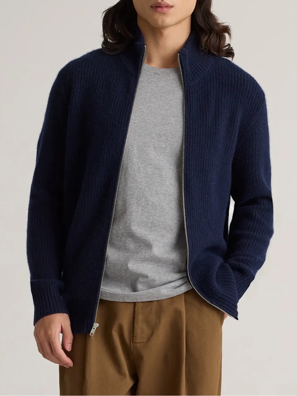 New Quince Men’s Mongolian Cashmere Fisherman Full Zip Sweater XXL - Navy $140